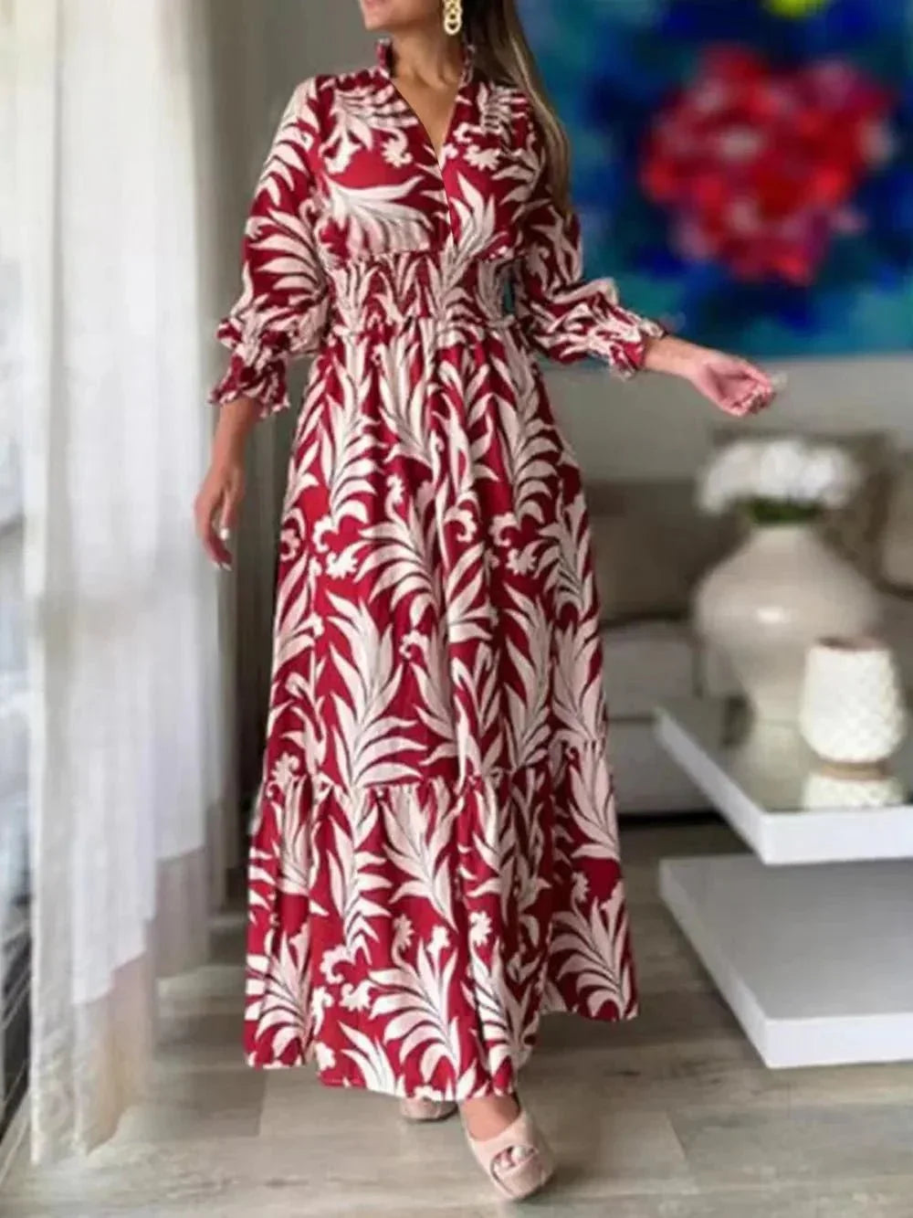 Printed Flounce Sleeve Maxi Dress - VILLA FASHION